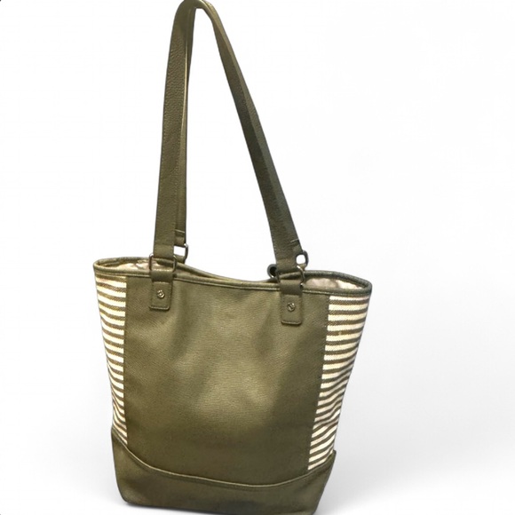 Thirty-One Jewell Tote Bag Olive Green / white stripes - Picture 1 of 6
